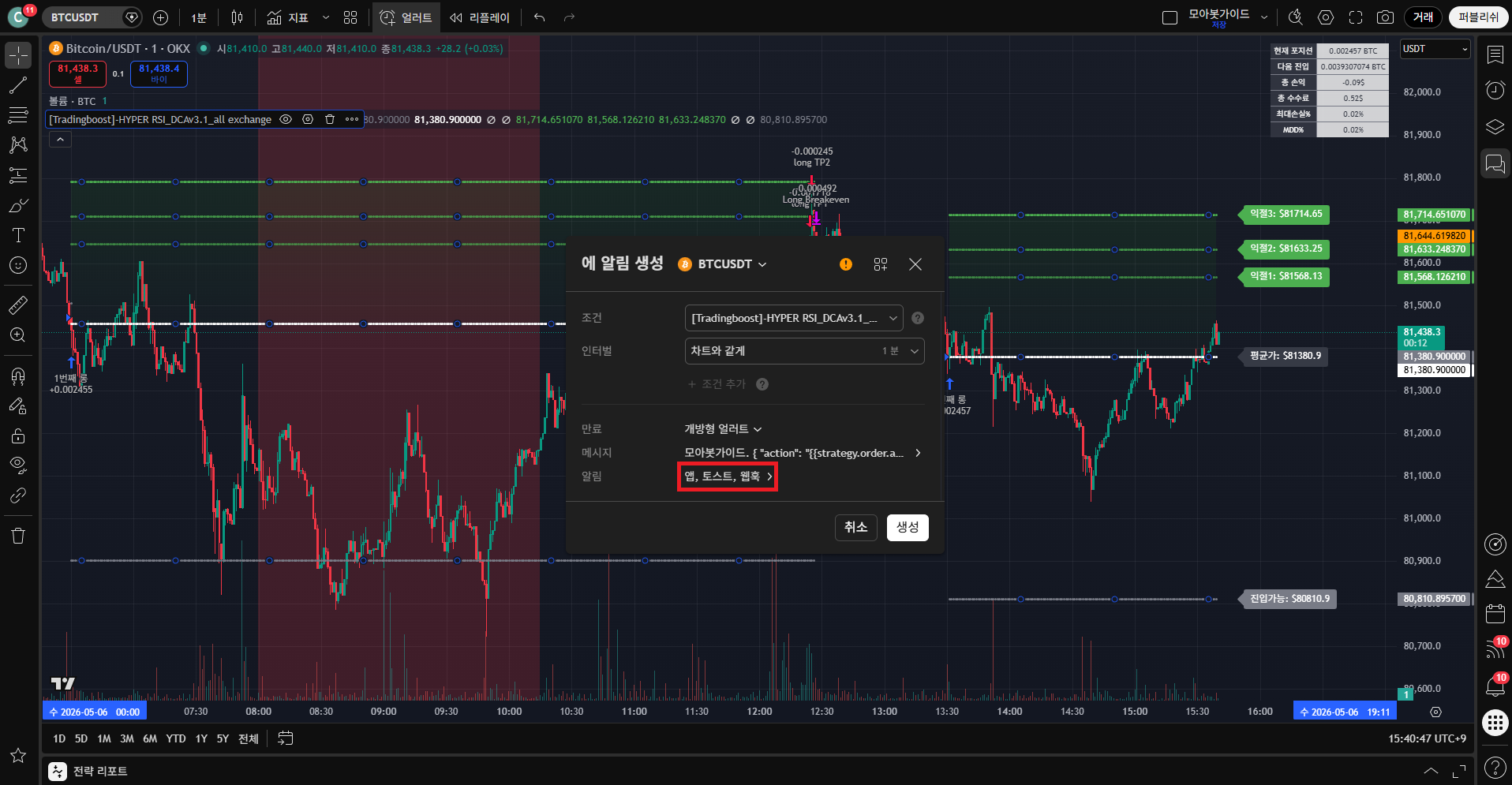 OKX Hyper RSI 14 알림 채널 — 앱 / 토스트 / 웹훅 활성화